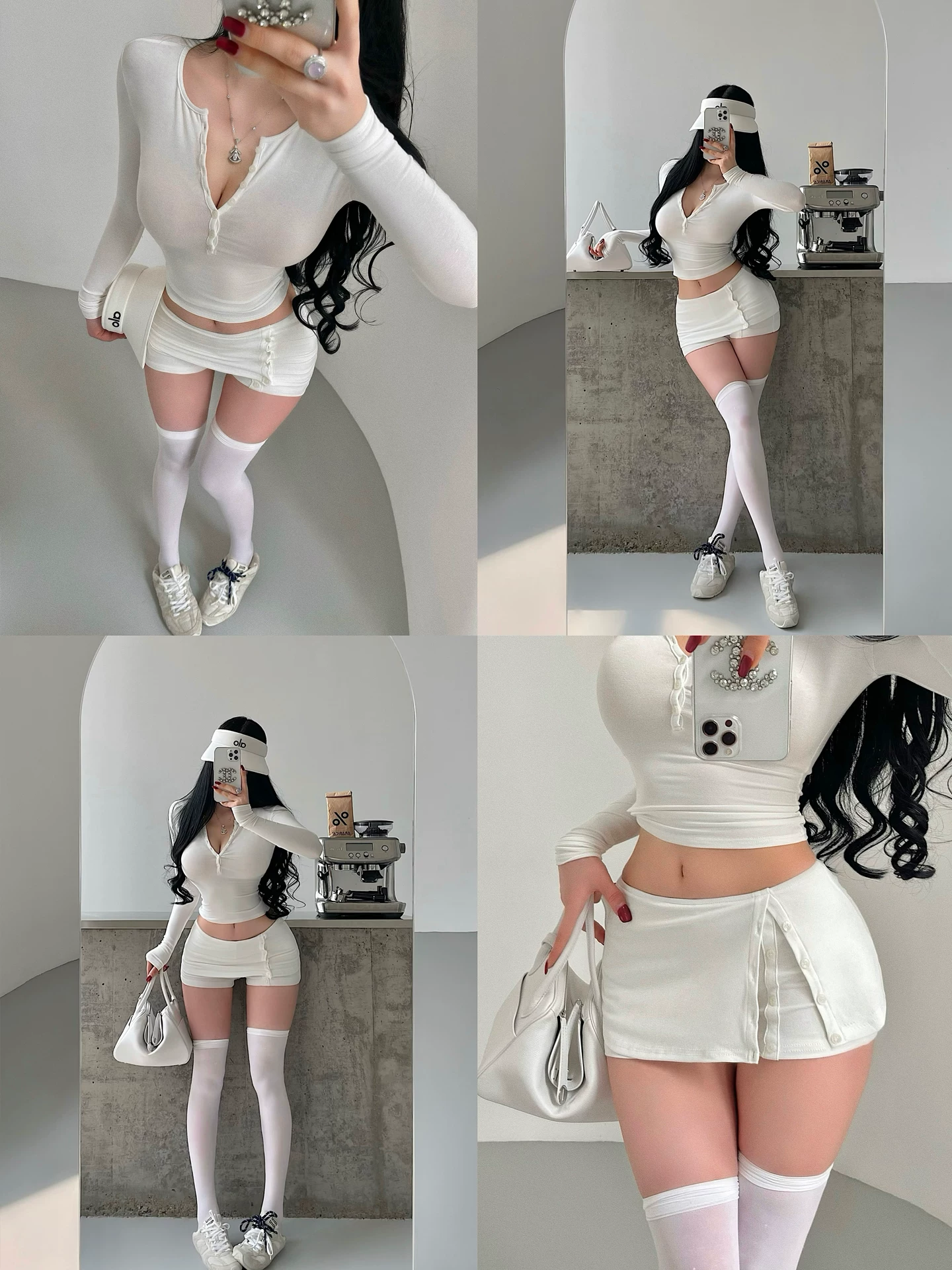 YoungGirlDay Pure Desire Hot Girl Áo thun dài tay một hàng khuy gợi cảm Top Bộ quần váy chống lộ eo thấp