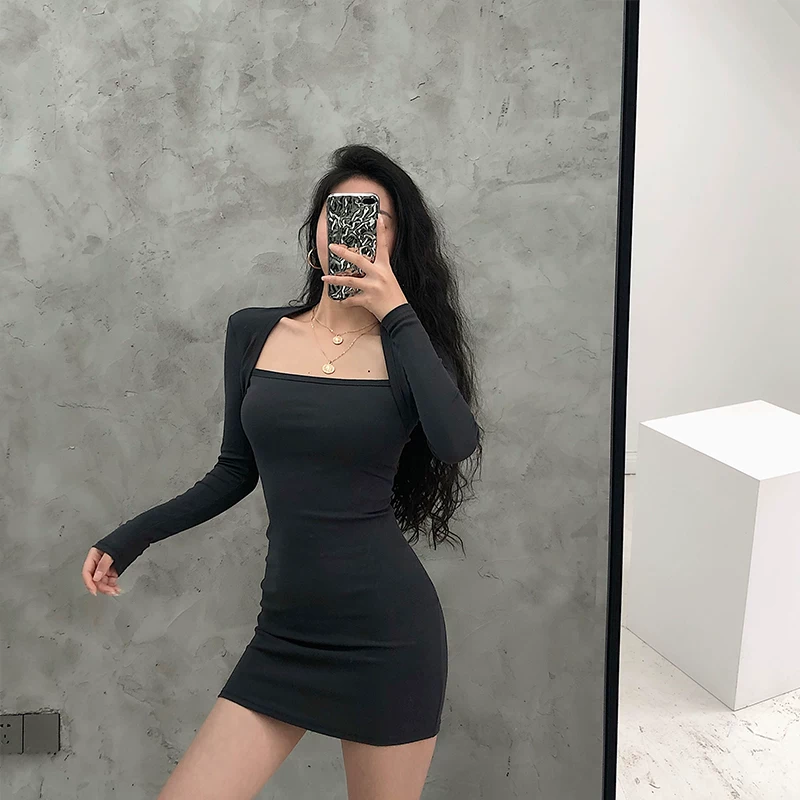 YoungGirlDay Phong cách Âu Mỹ màu trơn không tay cổ vuông dài tay gợi cảm ôm sát cơ thể