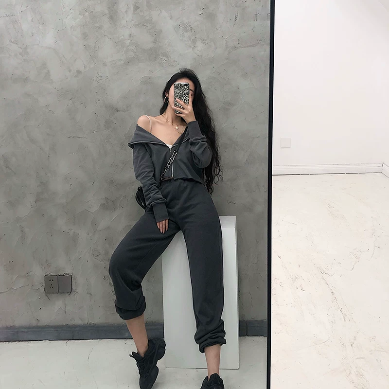 YoungGirlDay Áo khoác cardigan ngắn dáng rộng phong cách Âu Mỹ có dây kéo thể thao có mũ trùm đầu áo khoác nữ