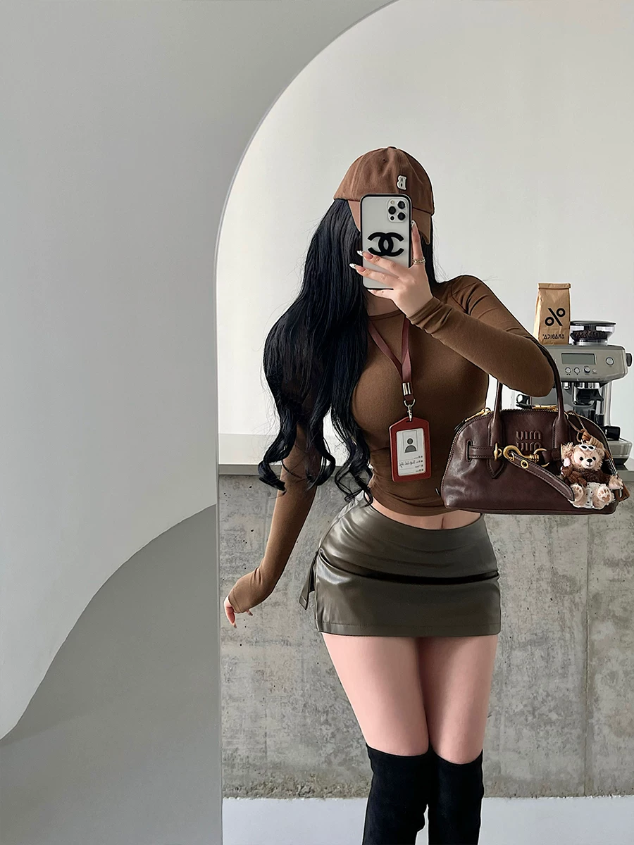 YoungGirlDay Phong cách Mỹ gợi cảm, váy ngắn bằng da PU có khóa kéo ở eo thấp, chống lộ hàng.