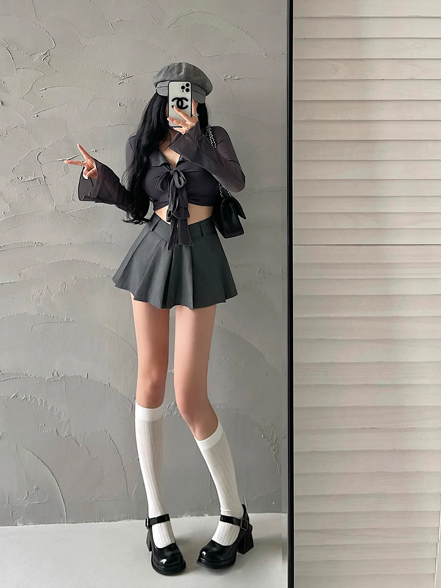 YoungGirlDay khao khát thuần khiết gợi cảm cạp cao hình chữ V quần short an toàn chống lộ hàng váy xếp ly váy ngắn