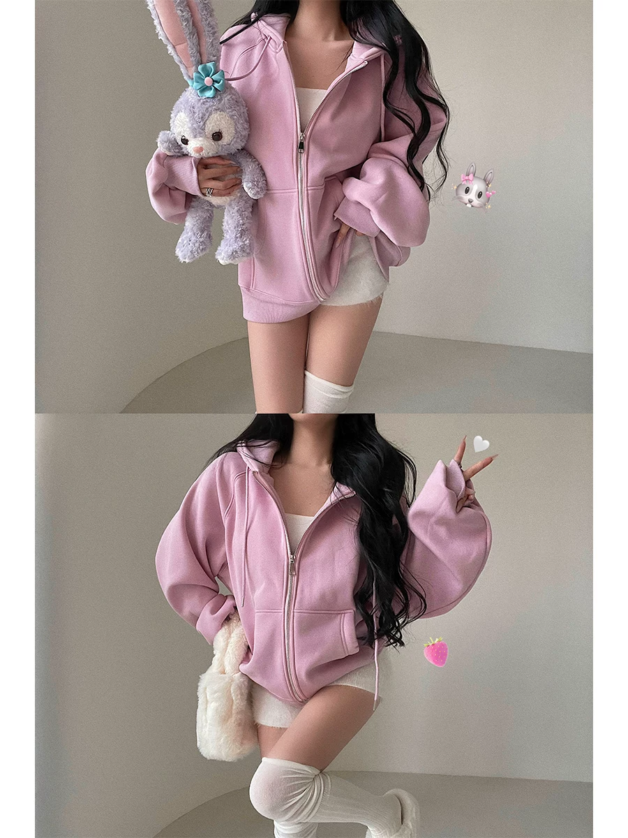 YoungGirlDay Áo khoác có dây rút có dây rút phong cách Mỹ mùa thu đông kiểu Mỹ, áo khoác thể thao đa năng dáng rộng, giảm béo, thông thường