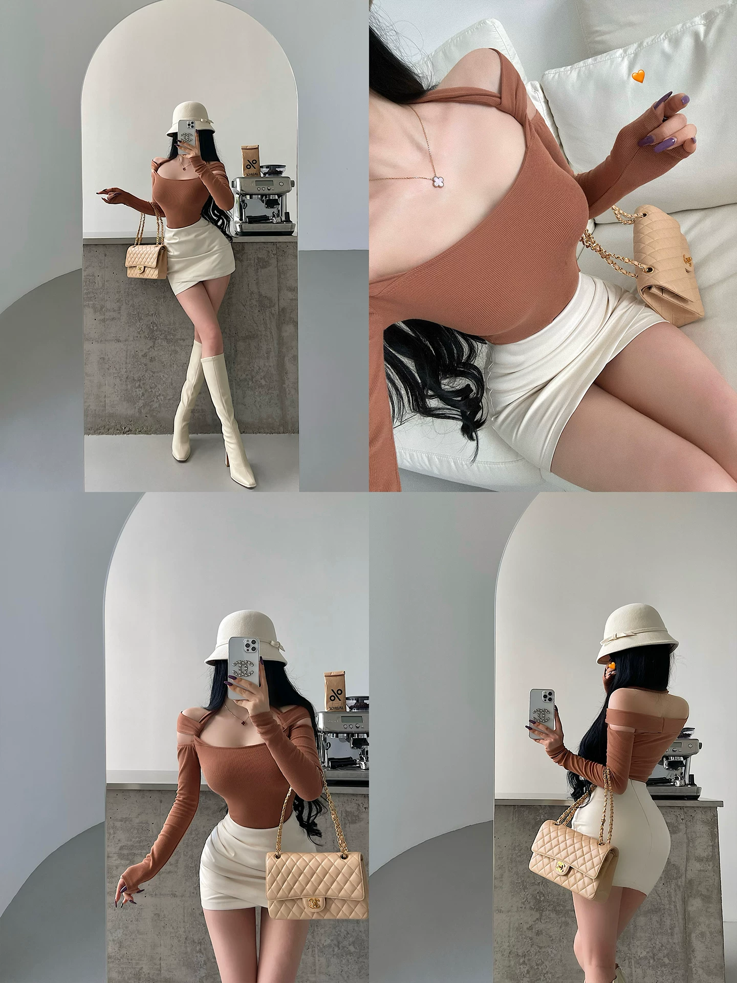 YoungGirlDay Pure Desire Style Hot Girl Gợi cảm lệch vai khoét rỗng ngắn tay dài cổ áo thun cổ yếm hàng đầu