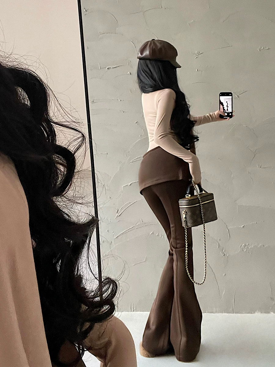 YoungGirlDay Quần giả váy hai mảnh cạp cao phong cách retro của Mỹ có hơi xòe nhẹ giúp kéo dài chân, quần thường ngày, quần dài hợp thời trang.