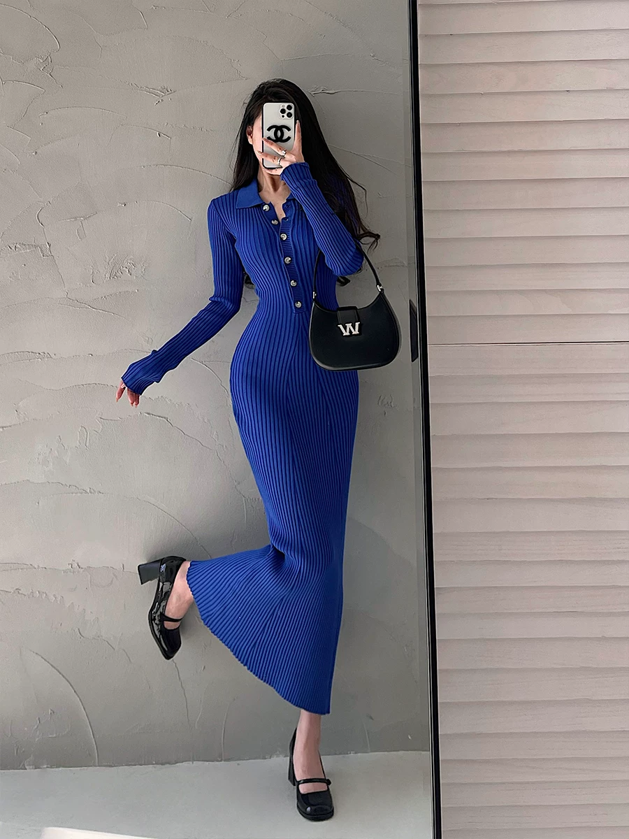 YoungGirlDay pure Desire slim fit ve áo dài tay dệt kim bodycon váy đuôi cá váy dài
