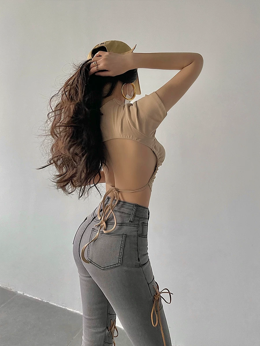 YoungGirlDay Hot Girl Sexy Slim Fit Backless Ruched Dây rút buộc áo crop top ngắn tay áo thun ngắn tay.