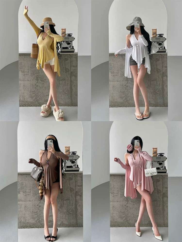 YoungGirlDay Pure Desire phong cách lười biếng không đều kiểu xếp ly cổ yếm áo ba lỗ dáng rộng giảm béo bộ áo cardigan dài tay