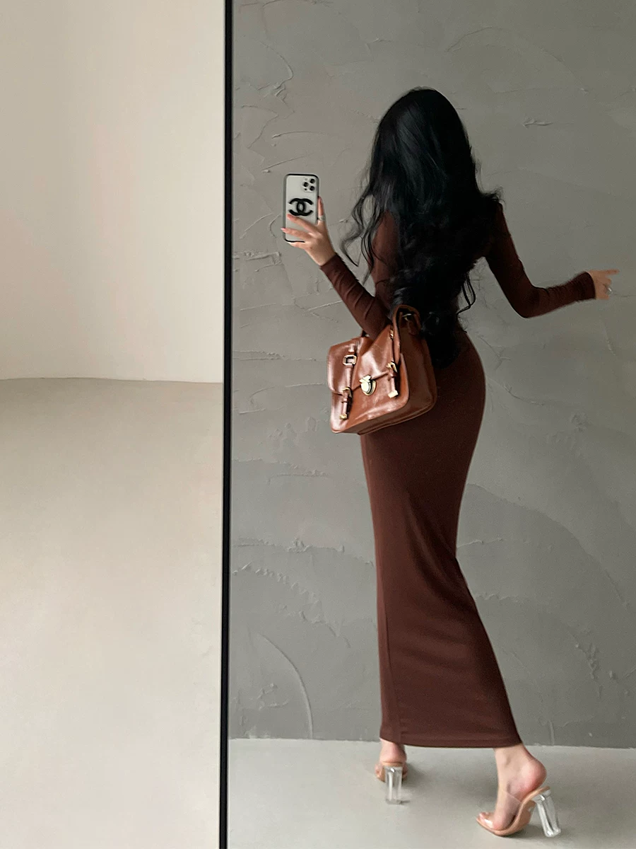 YoungGirlDay Kardashian váy ôm sát cổ tròn gợi cảm, ôm sát cơ thể, tay dài, váy dài
