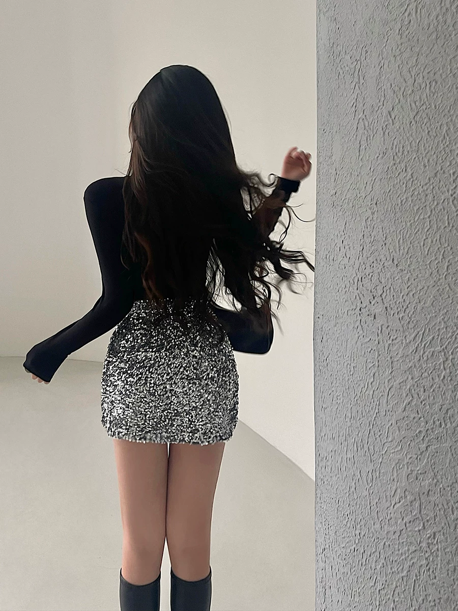 YoungGirlDay Váy ngắn ôm sát eo cao, lấp lánh, gợi cảm và thời trang, chống lộ hàng.