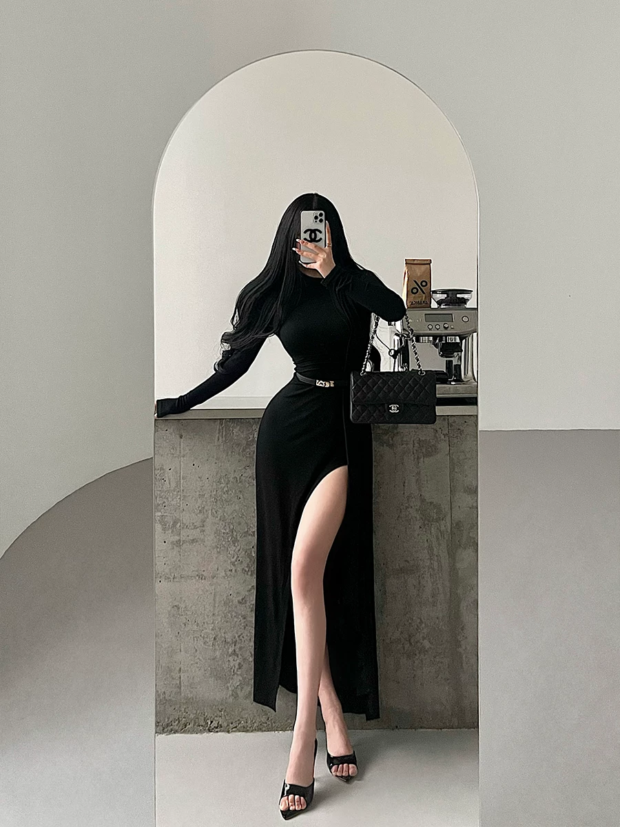 YoungGirlDay Phong cách Kendall Jenner dành cho quý cô trưởng thành, váy dài tay có cổ ruy băng, xẻ tà và thắt lưng.