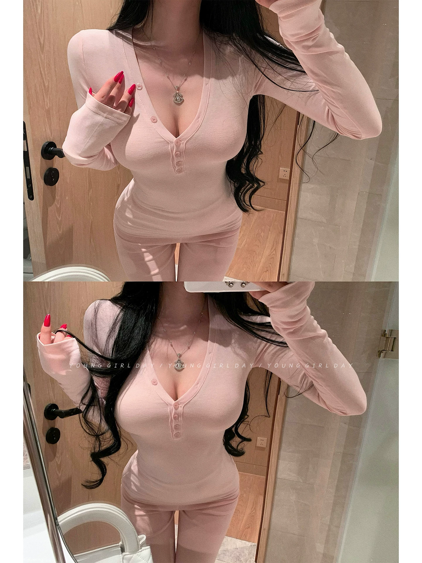 YoungGirlDay khao khát thuần khiết, áo thun dài tay cổ chữ V đơn giản, ôm sát, co giãn, gợi cảm và quyến rũ