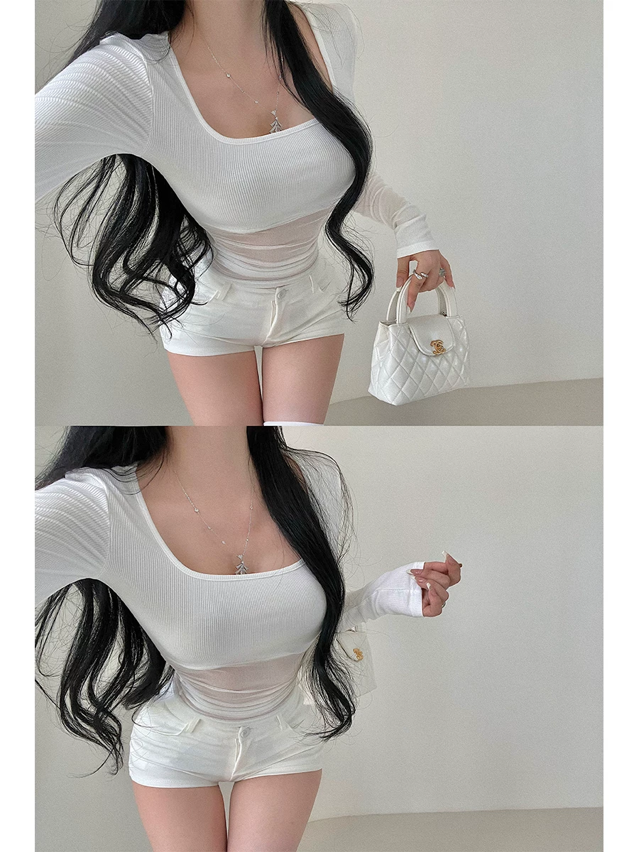 Áo thun dài tay phối lưới cổ vuông gợi cảm YoungGirlDay