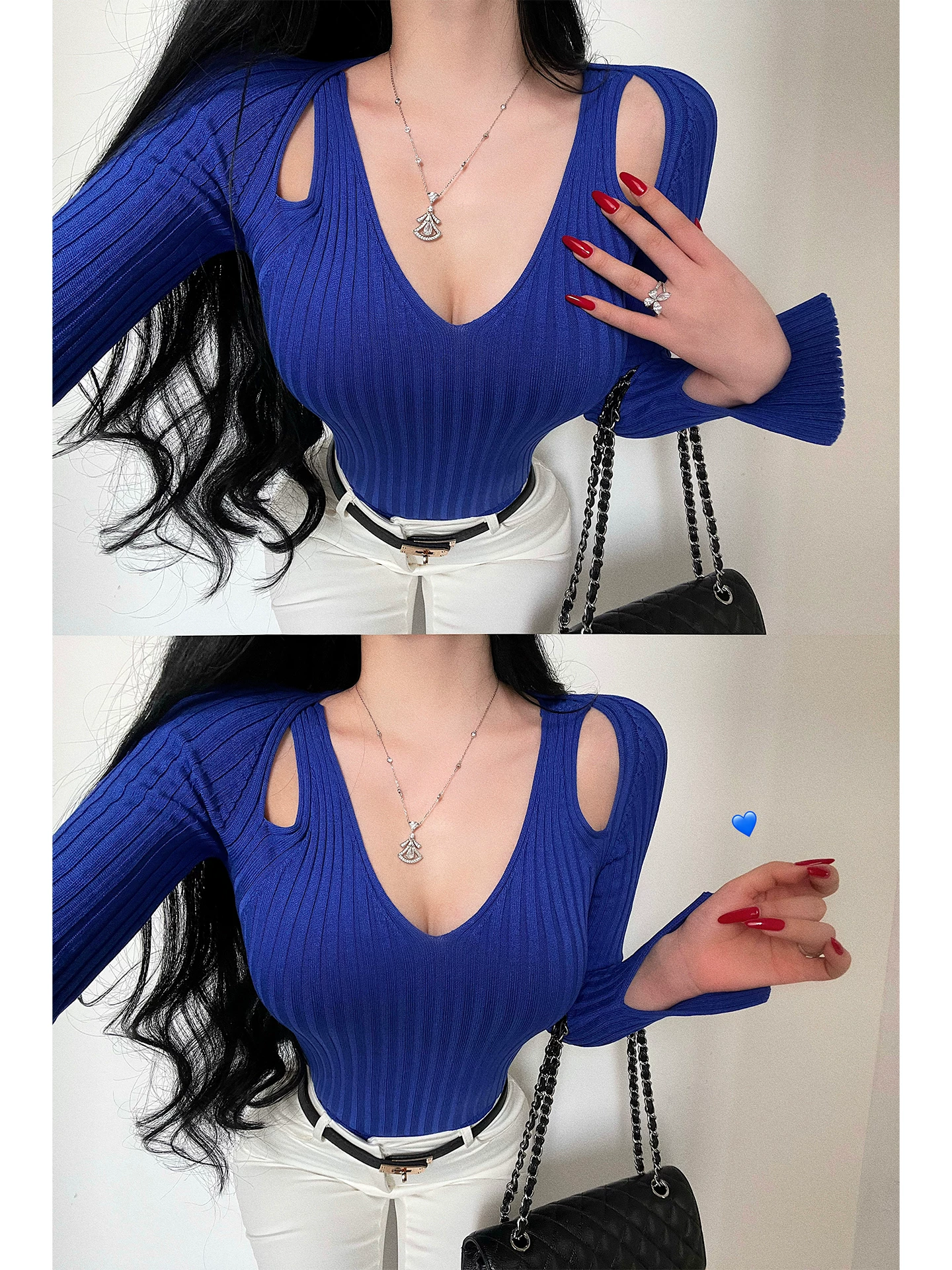YoungGirlDay Phong cách trưởng thành Pure Desire Cổ chữ V khoét vai Slim Fit Áo dệt kim dài tay.