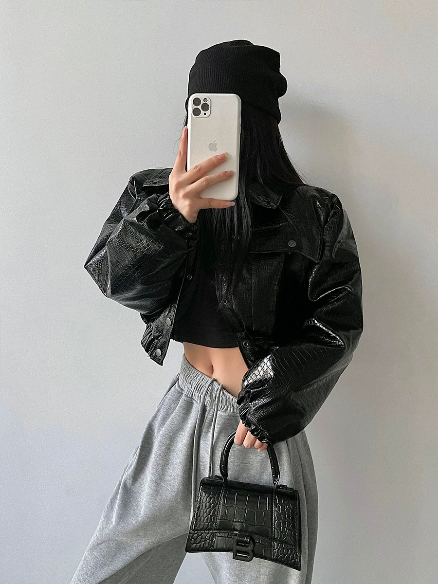Áo khoác da PU ngắn phong cách đường phố Âu Mỹ YoungGirlDay, dáng rộng, áo khoác biker may chần bông thời thượng dành cho nữ.