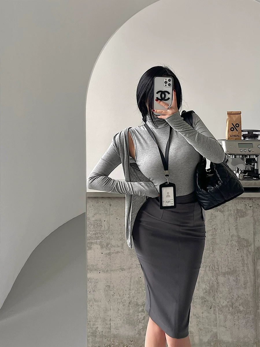 YoungGirlDay Phong cách Hàn Quốc thuần khiết gợi cảm Áo vest không tay cổ cao dáng ôm vừa vặn áo cardigan dài tay bộ hai món