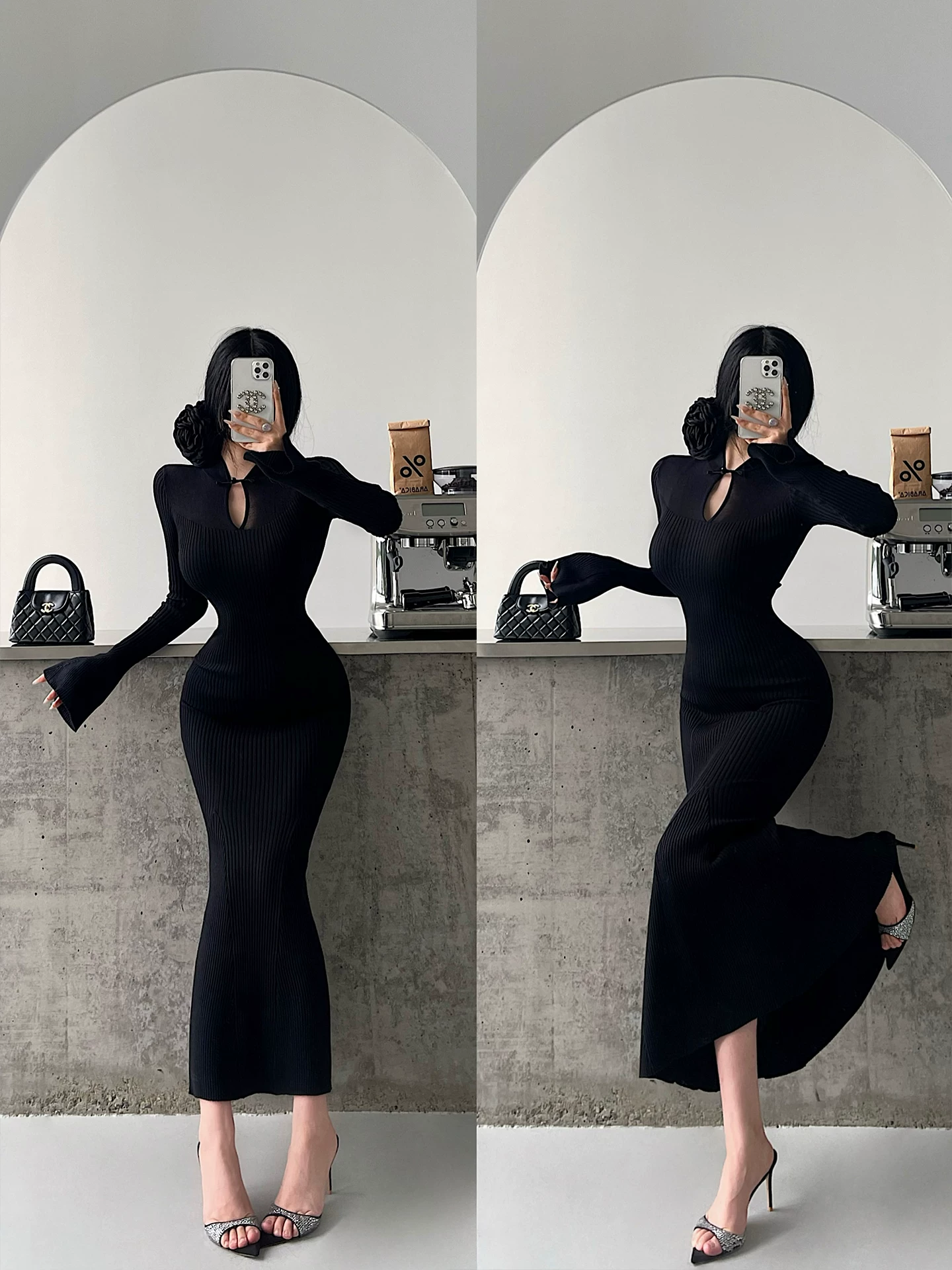 YoungGirlDay kiểu Trung Quốc mới, cổ đứng, cài cúc, tay loe, kiểu qipao, đầm dài đuôi cá dệt kim ôm sát.