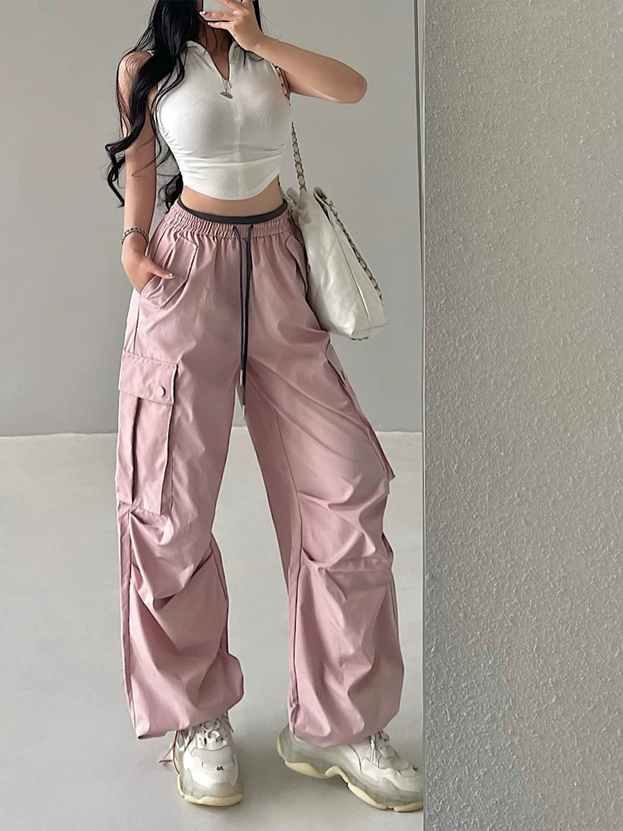 YoungGirlDay Quần jogger dây rút dáng rộng phong cách đường phố kiểu Mỹ, quần cargo có túi lớn, quần dài ống rộng thông thường