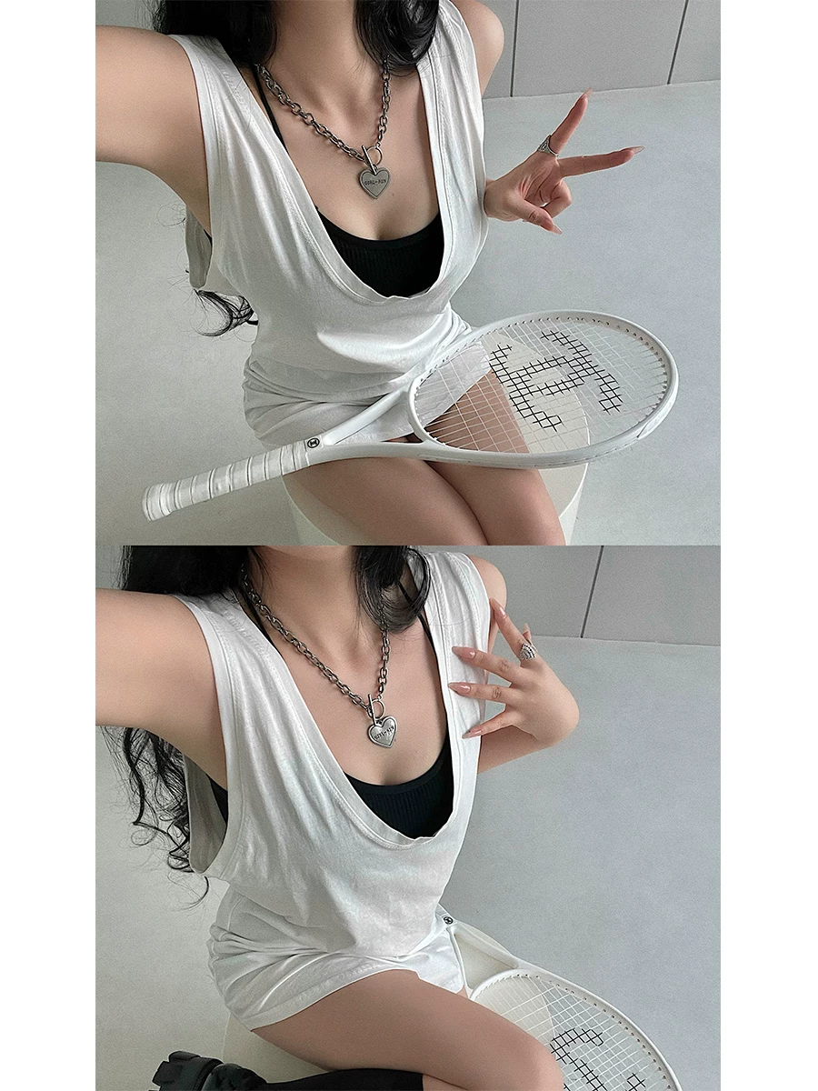 YoungGirlDay hot girl phong cách đường phố Áo vest không tay dài vừa phải cổ chữ U có đệm ngực và bộ áo ống bó sát