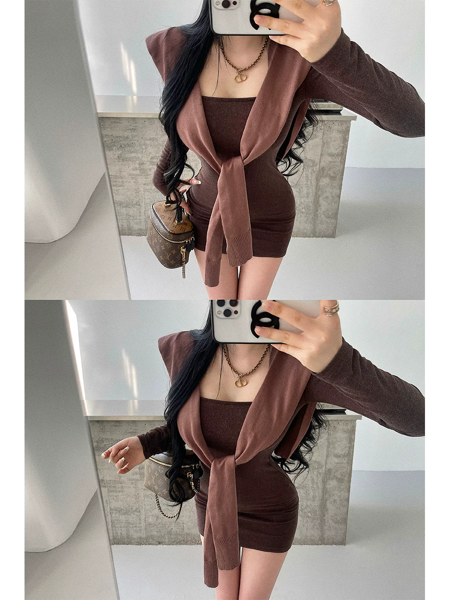 YoungGirlDay2024 phong cách mùa thu mới phong cách lười biếng thắt nút áo ghi lê màu trơn dệt kim khăn choàng áo khoác ngoài dành cho nữ