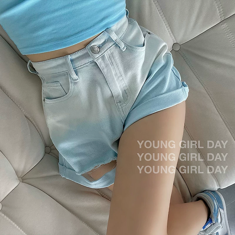 YoungGirlDay Quần short denim viền cuộn kiểu Âu Mỹ gợi cảm, cạp cao, dáng chữ A, phối màu gradient, quần short denim viền cuộn