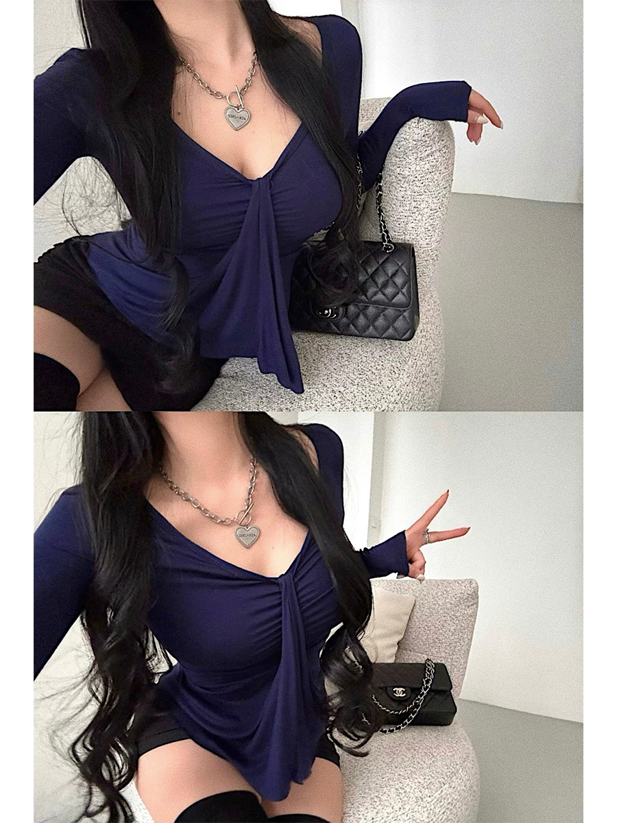YoungGirlDay khao khát thuần khiết hot girl gợi cảm cổ chữ V ôm sát thiết kế xếp ly không đều áo thun dài tay