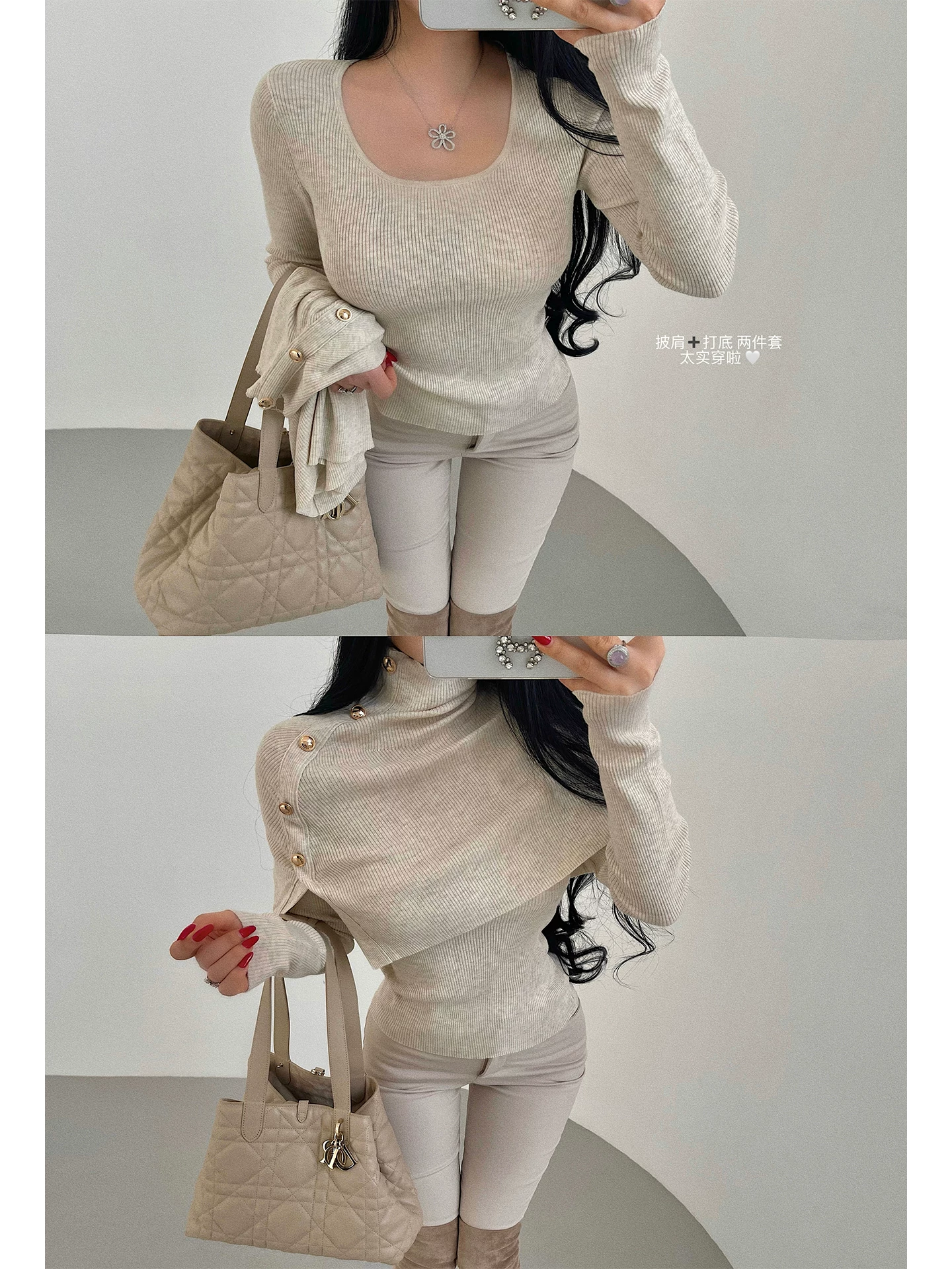 YoungGirlDay phong cách thông minh cao cấp, khăn choàng dệt kim có khóa kim loại cổ cao, bộ đồ dệt kim dài tay