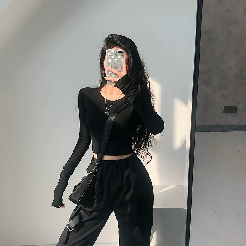YoungGirlDay Áo thun ngắn tay ngắn kiểu Âu Mỹ gợi cảm, cổ tròn, hai lớp, tay áo dài, kiểu dáng ôm sát