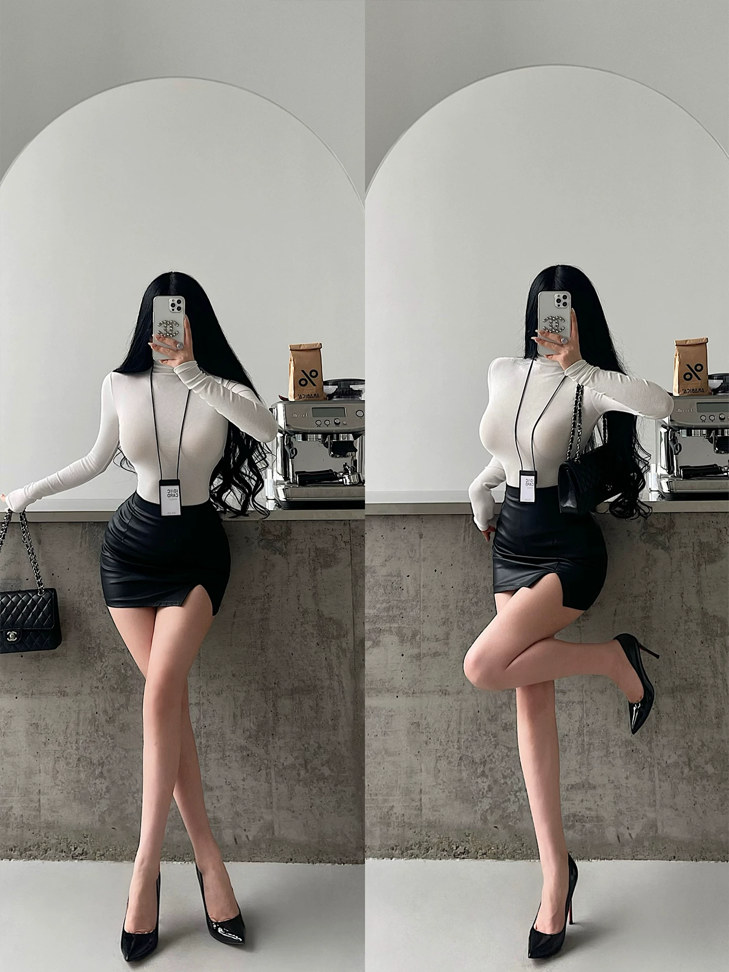 YoungGirlDay váy ngắn bằng da PU xẻ tà chống lộ, cạp cao, tôn dáng hông, gợi cảm và quyến rũ.