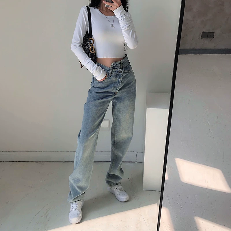 YoungGirlDay Blogger người châu Âu và Mỹ phong cách đường phố quần jean ống rộng dáng suông rộng rãi hợp thời trang