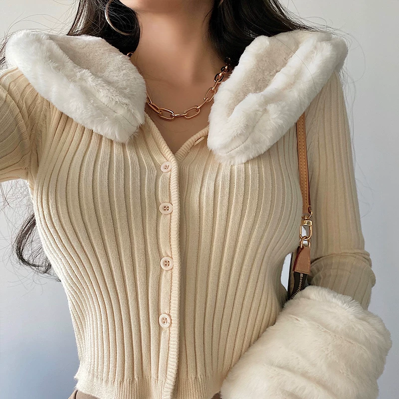 YoungGirlDay Áo len dệt kim có cổ lông có thể tháo rời thời trang phong cách Âu Mỹ, áo len cardigan ngắn vừa vặn, giúp thon gọn vóc dáng