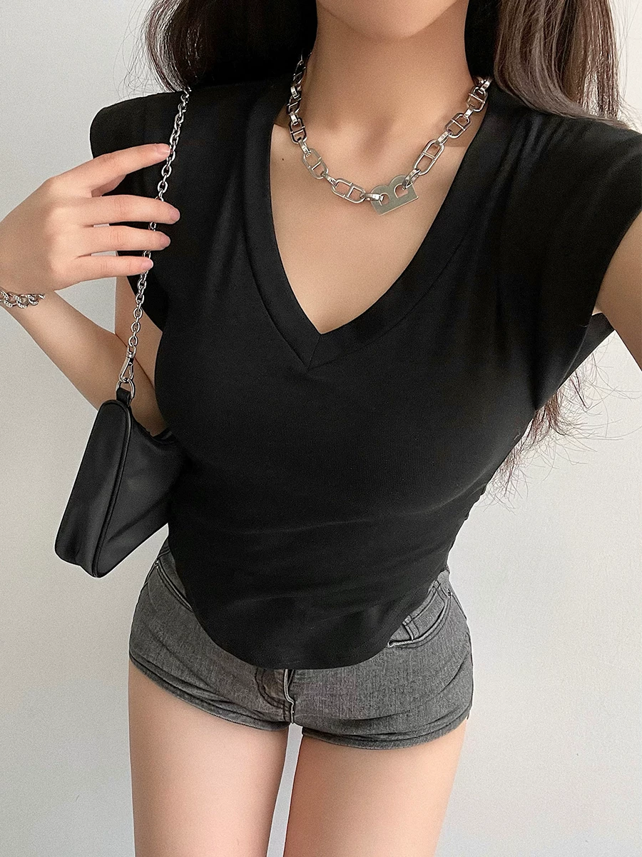 YoungGirlDay khao khát thuần khiết gợi cảm cổ chữ V ôm sát eo cong viền áo thun tay bồng nhỏ