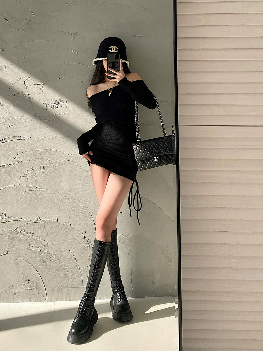 YoungGirlDay khao khát thuần khiết gợi cảm một vai ôm sát dây rút xếp nếp dài tay váy ôm sát váy ngắn