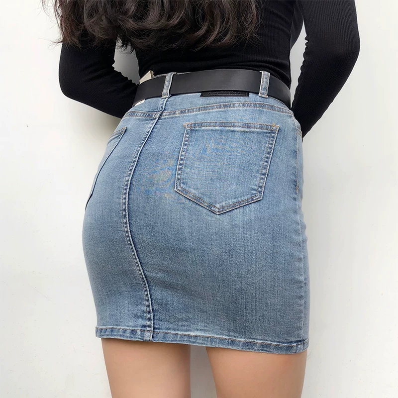 YoungGirlDay siêu tôn dáng chân, cạp cao, gợi cảm, ôm sát, chất liệu denim co giãn, váy ngắn