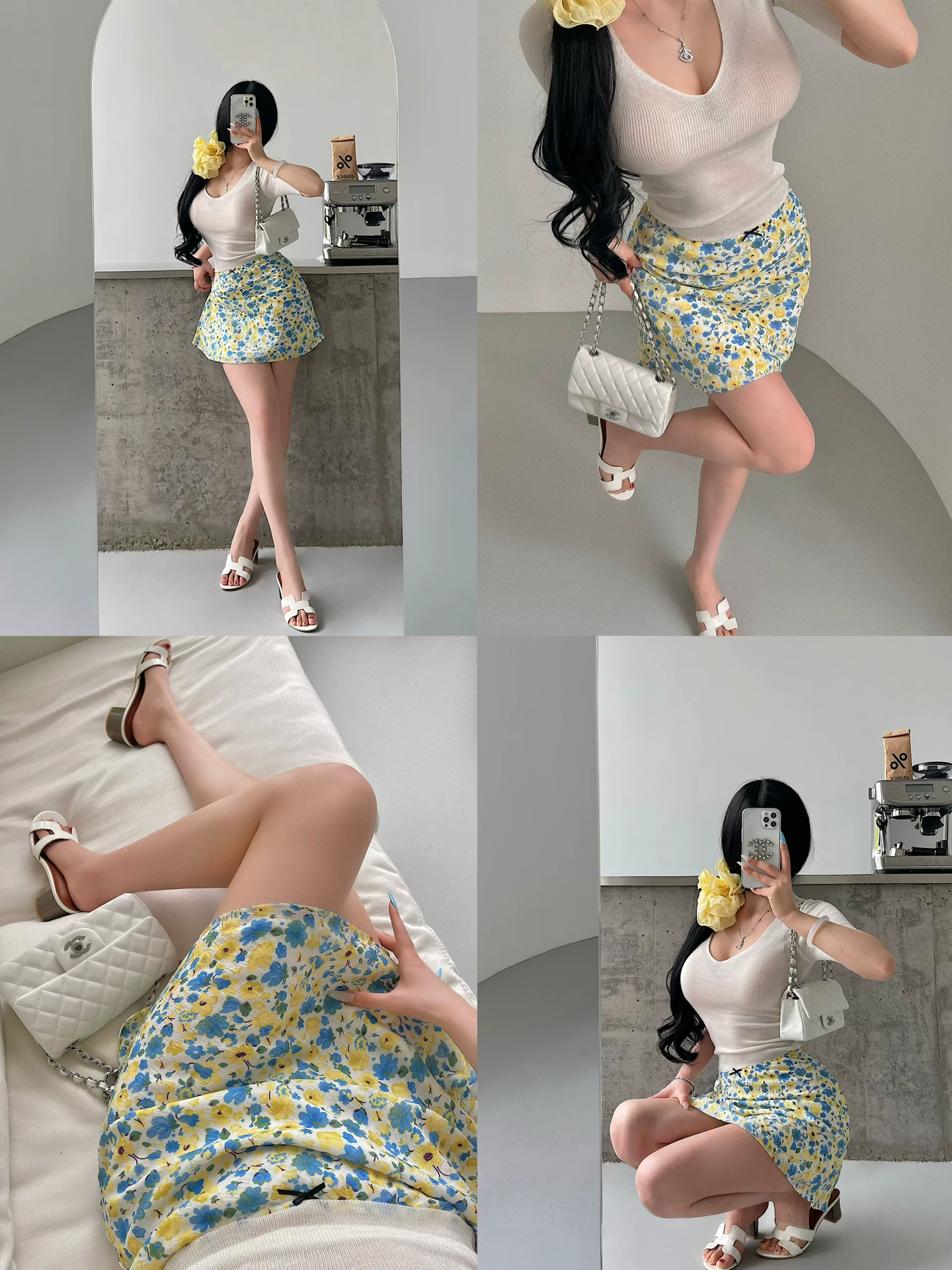 YoungGirlDay phong cách retro thuần khiết gợi cảm, váy chữ A lưới in hoa chấm bi cạp cao, váy ngắn