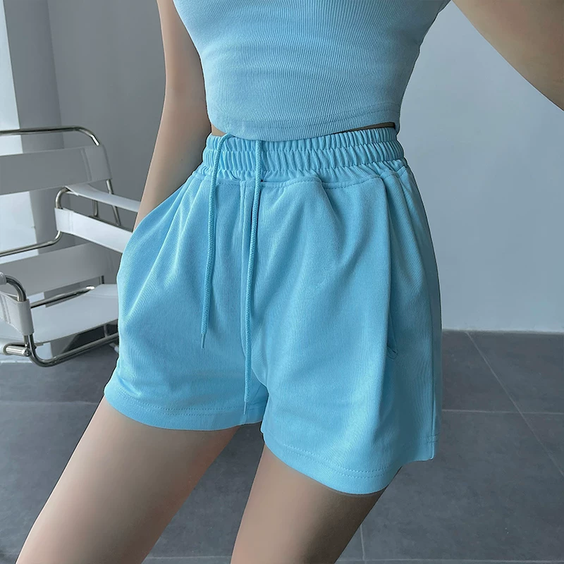 YoungGirlDay Quần short ống rộng lưng cao phong cách Âu Mỹ có dây rút co giãn eo thon gọn đa năng thể thao thông thường
