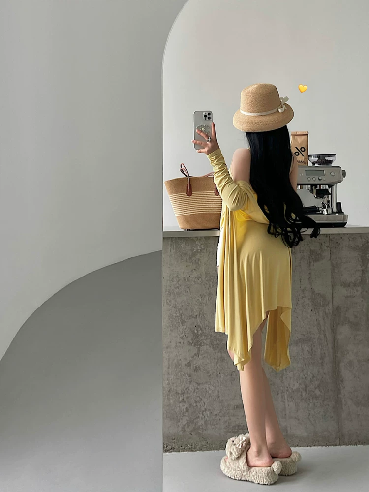 YoungGirlDay Pure Desire phong cách lười biếng không đều kiểu xếp ly cổ yếm áo ba lỗ dáng rộng giảm béo bộ áo cardigan dài tay