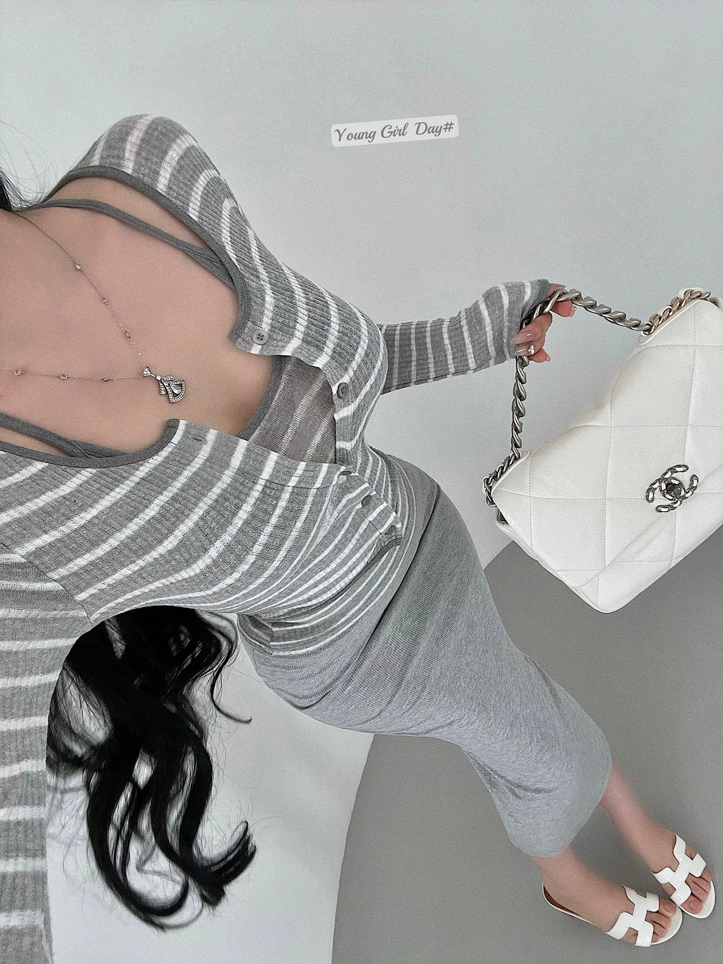 YoungGirlDay Bộ áo cardigan dài tay sọc đơn giản phong cách Hàn Quốc thuần khiết gợi cảm