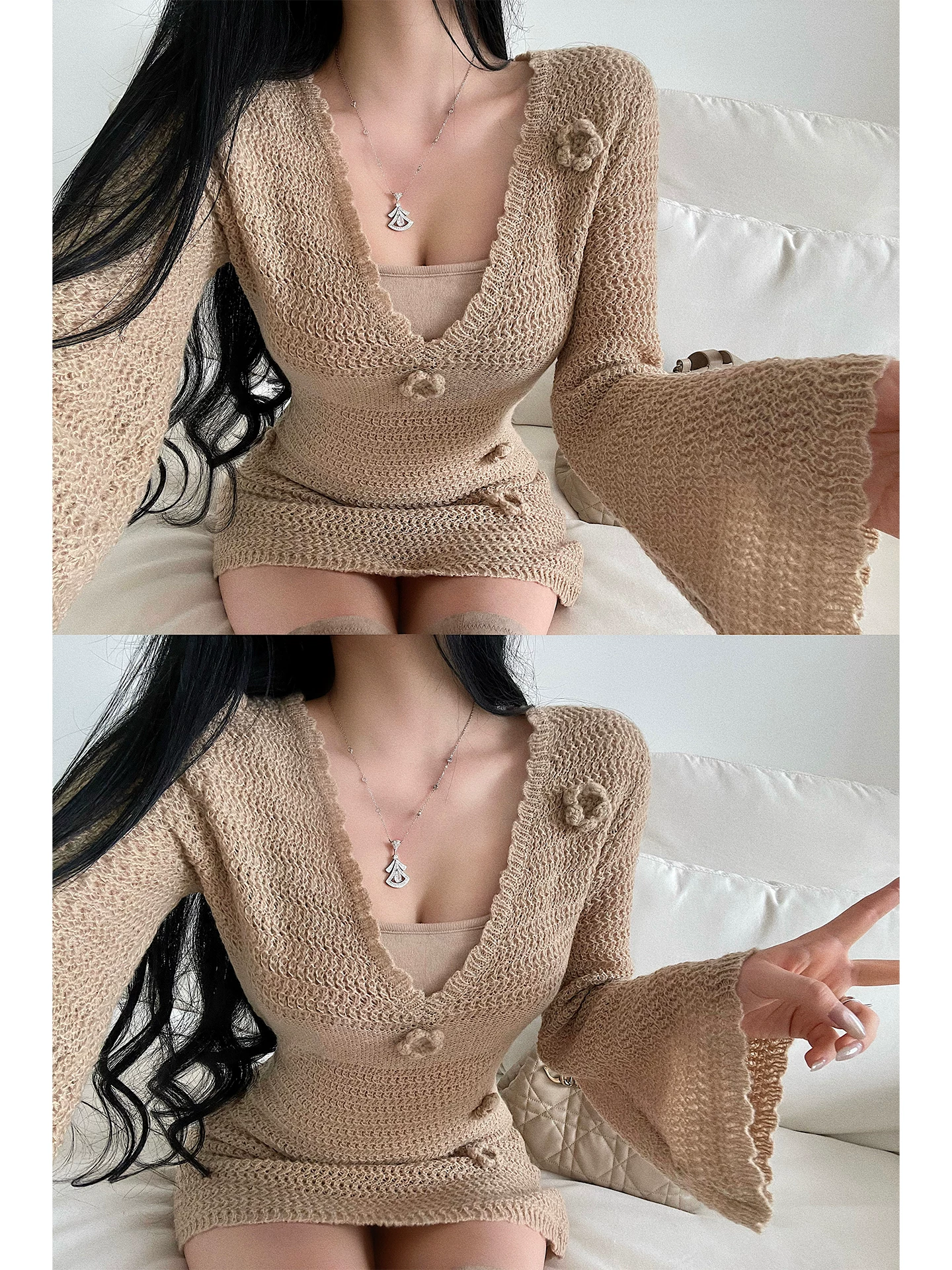 YoungGirlDay Pure Desire Nhẹ nhàng gợi cảm Cổ chữ V sâu hoa ba chiều Váy ôm sát cơ thể Váy ngắn