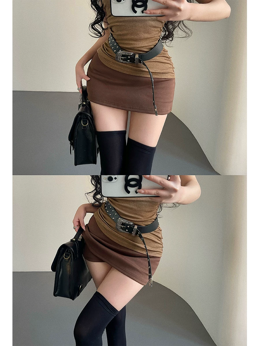 YoungGirlDay váy ôm sát eo thấp gợi cảm với quần short an toàn để chống lộ hàng, váy ngắn ôm sát màu trơn.