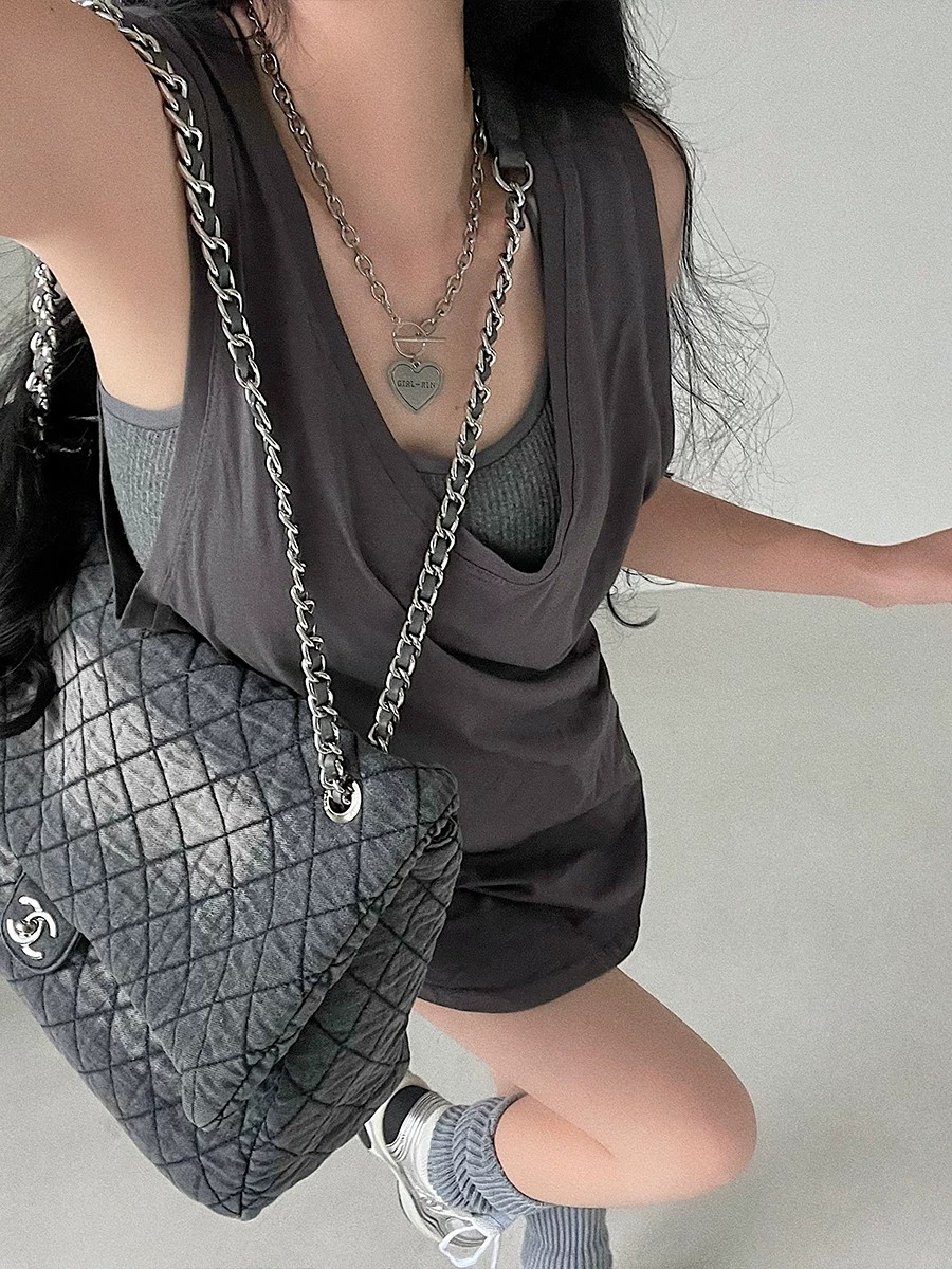 YoungGirlDay hot girl phong cách đường phố Áo vest không tay dài vừa phải cổ chữ U có đệm ngực và bộ áo ống bó sát