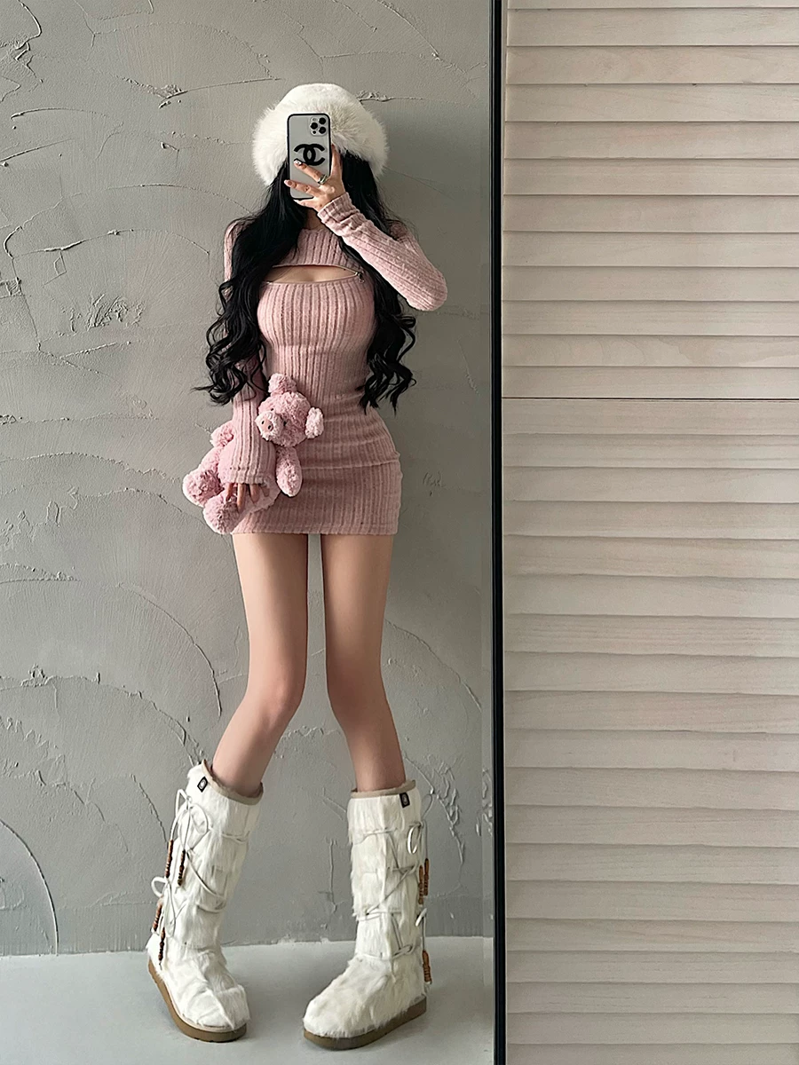 YoungGirlDay phong cách thuần khiết gợi cảm, có khóa kéo, ôm sát, váy dệt kim dài tay, váy ngắn ôm sát cơ thể
