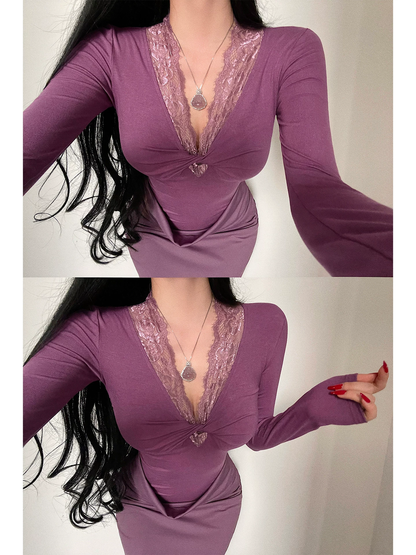 YoungGirlDay Pure Desire Style Váy dài ôm sát cổ chữ V gợi cảm phối ren thắt nút nâng ngực.