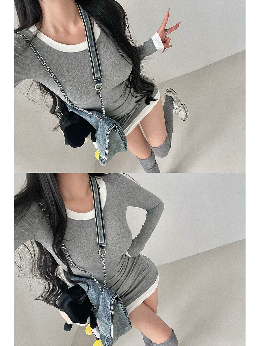 YoungGirlDay phong cách thuần khiết gợi cảm, ôm sát, cổ tròn, phối màu, váy bodycon dài tay, váy ngắn.