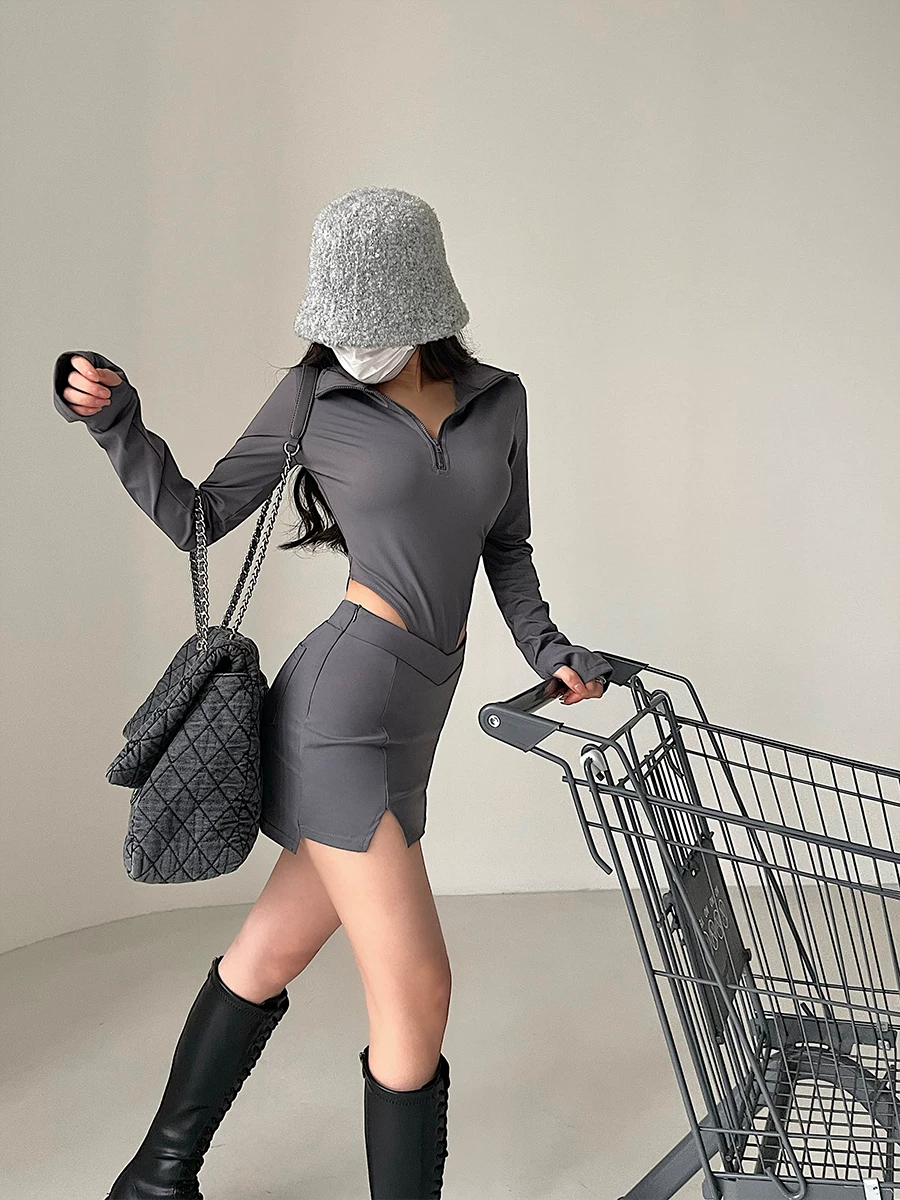 YoungGirlDay bộ đồ liền thân dài tay có khóa kéo gợi cảm chống lộ hàng, bộ váy ngắn ôm sát cơ thể