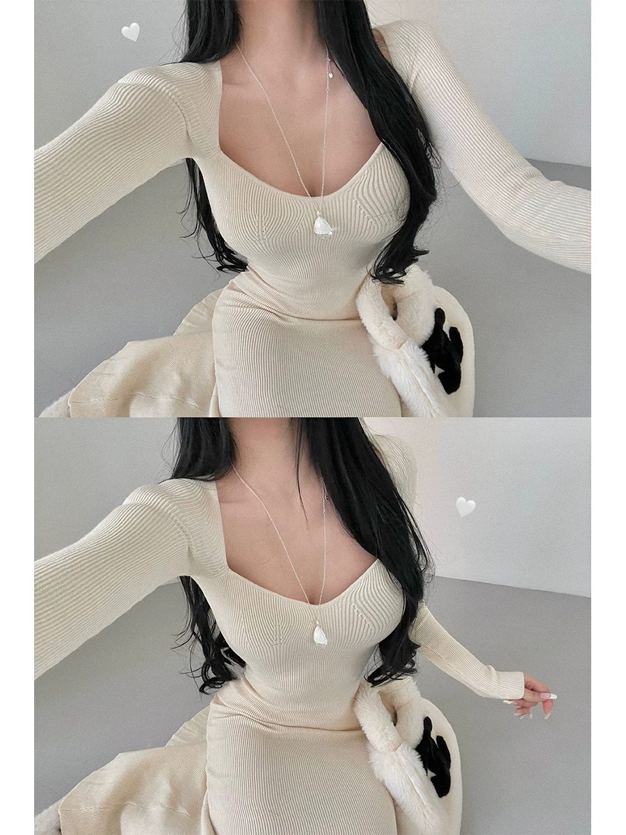 YoungGirlDay Lotus-like pure Desire vibe váy dài tay dệt kim ôm sát eo váy đuôi cá váy dài