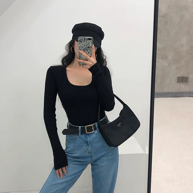 YoungGirlDay Bộ áo liền quần dài tay có gân dệt kim phong cách Âu Mỹ cổ chữ U gợi cảm, ôm sát, co giãn, giúp thon gọn cơ thể