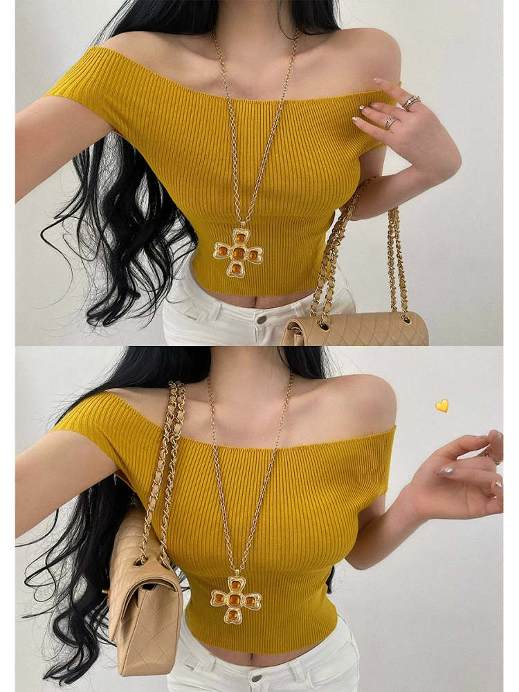 YoungGirlDay Pure Desire Atmosphere Áo thun trễ vai gợi cảm Slim Fit eo thon gọn thon gọn Áo thun dệt kim co giãn hàng đầu
