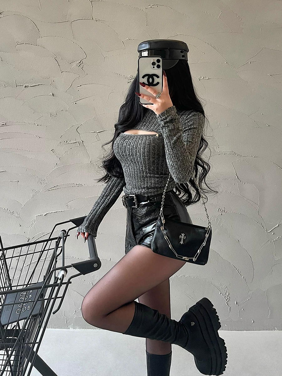 Áo len dệt kim dài tay ôm sát, khoét lỗ gợi cảm, có khóa kéo, dành cho nữ của YoungGirlDay.