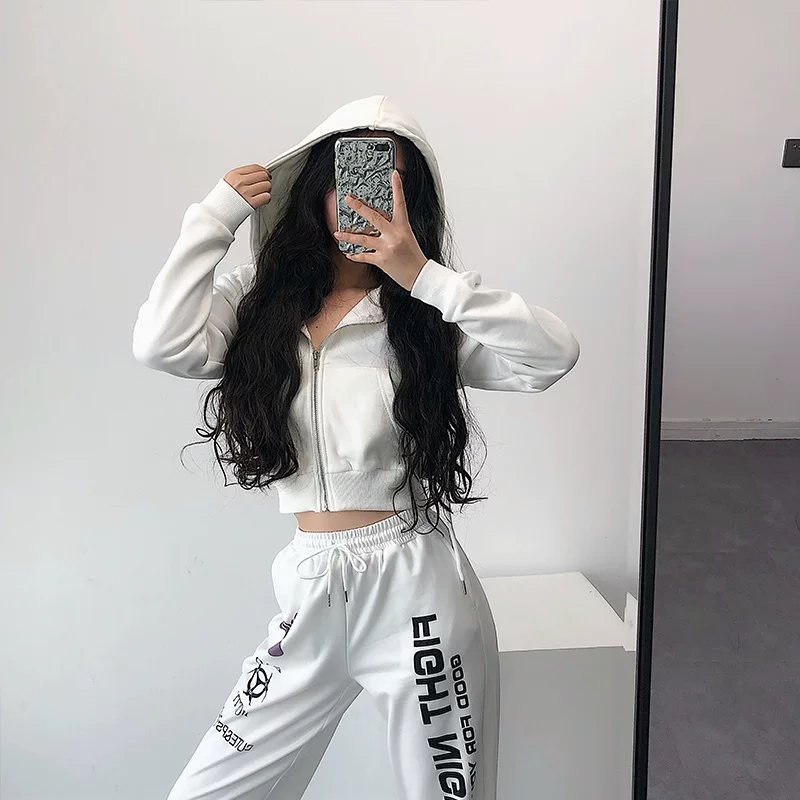 YoungGirlDay Áo cardigan dáng ôm eo phong cách Âu Mỹ, áo len ngắn có mũ trùm đầu màu trơn có khóa kéo
