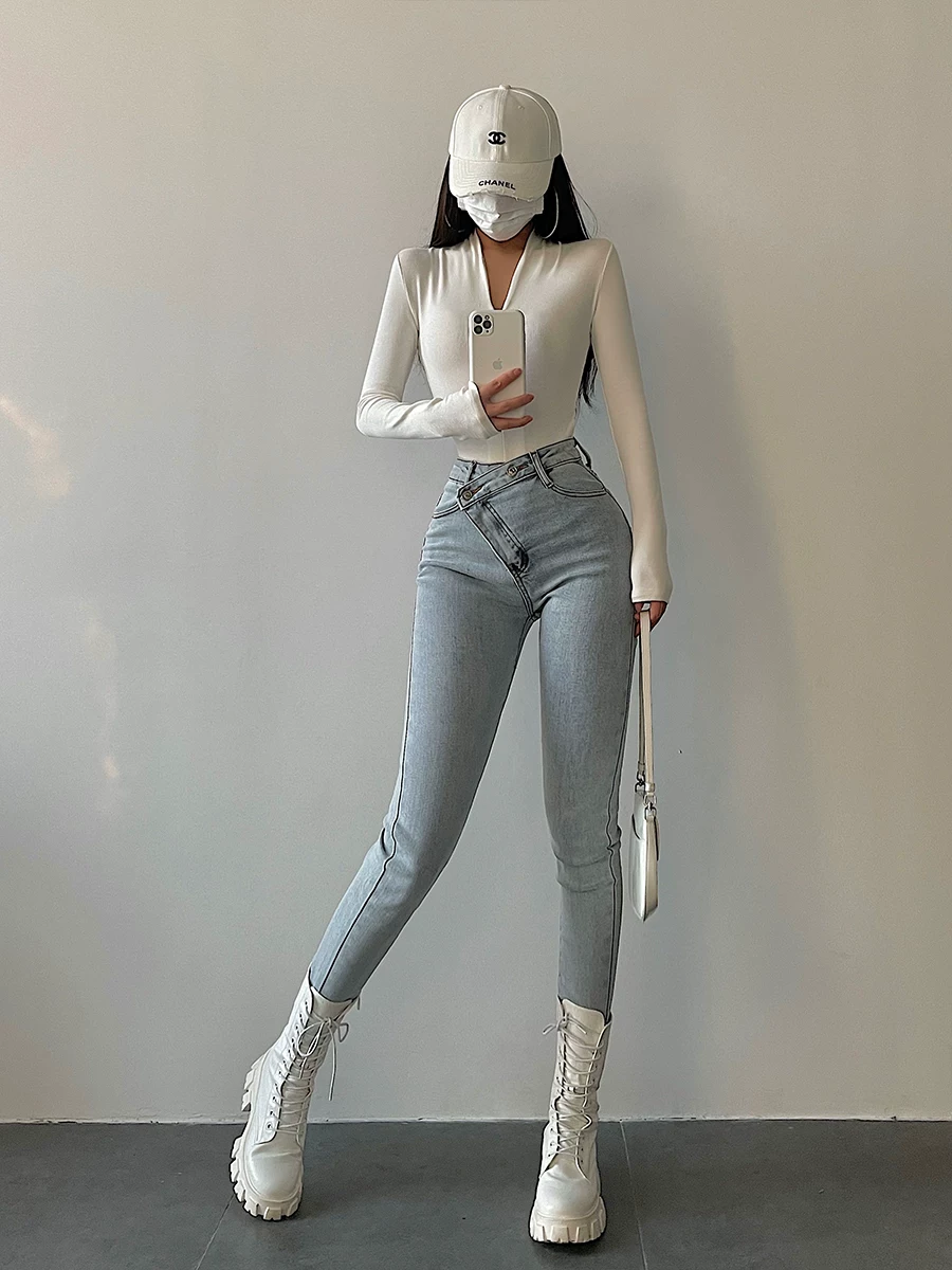 YoungGirlDay Quần dài kiểu dáng châu Âu và Mỹ cạp cao không đều, ôm sát, co giãn, quần jean bút chì dài